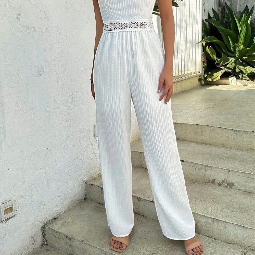 White Boho Womens Solid Color Patchwork Water Soluble Lace Trimmed Jumpsuit - Picture 5 of 5